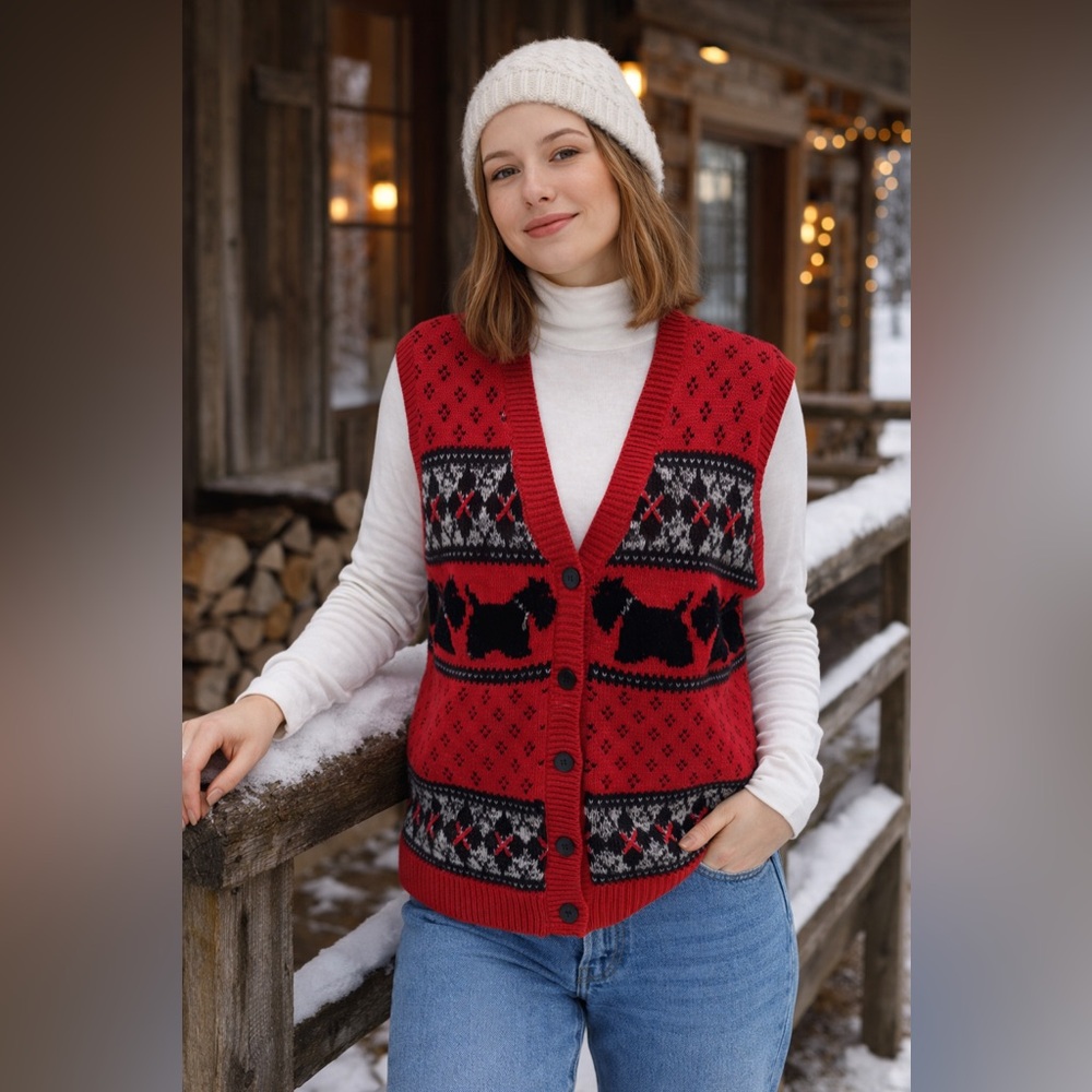 Vintage Tabi Scotty Dog Sweater Vest, Size Large